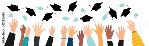 Graduate quarantine. Hands of many races graduates throwing graduation caps and coronavirus masks. Vector Illustration for graduation cards, invitation, banner, flyer. Vector.