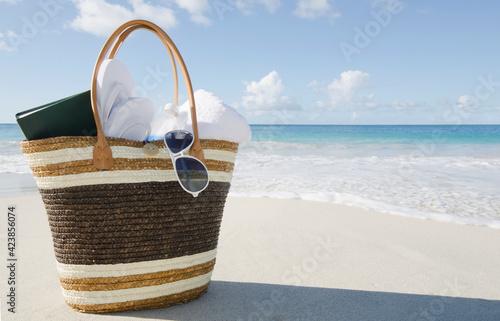USA, USA Virgin Islands, St. John, Vacation bag on beach photo