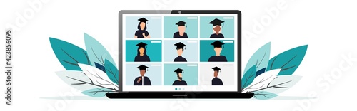 Virtual graduation ceremony. Graduate quarantine. Graduates in square academic cars communicate via video call. Laptop screen. Communication of students graduates. Vector illustration