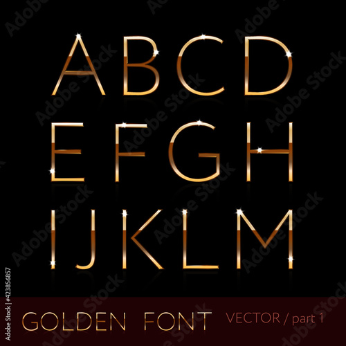 Golden font style. Metallic alphabet. Part 1. Shinning latin letter isolated on dark background, English abc with glowing effect. Vector editable illustration