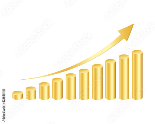 Golden cylinders bar graph with rising arrow isolated on white background. Growth rate symbol. Column chart for finance statistical infographic. Vector illustration.