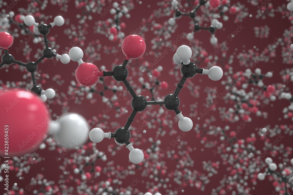 Molecule of angelic acid, ball-and-stick molecular model. Science related 3d rendering Molecule of angelic acid, ball-and-stick molecular model. Science related 3d rendering