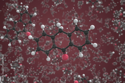 Molecule of anthrone, ball-and-stick molecular model. Science related 3d rendering