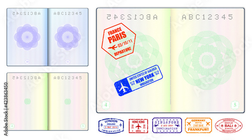 set of realistic blank passport pages or empty passport with watermark and stamps or open foreign passport pages. eps 10 vector, easy to modify