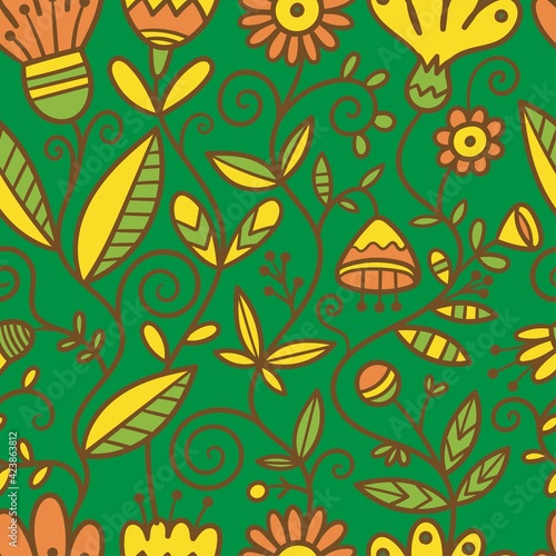 Seamless pattern with different plants and  flowers on  green background. Vector print with herbs. Botanical doodle wallpaper.
