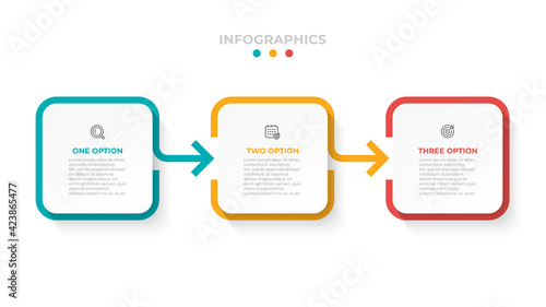 Business infographic labels design with arrow and marketing icons. Timeline processes with 3 options, steps or parts.