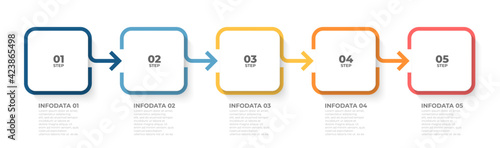 Business infographic labels design with arrow and marketing icons. Timeline processes with 5 options, steps or parts.