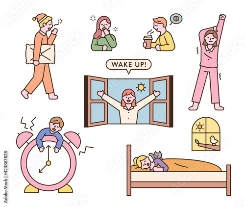 Various reactions of people who wake up in the morning. flat design style minimal vector illustration.