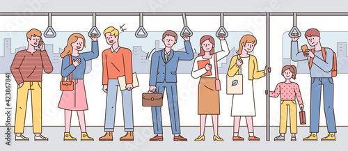 Passengers in the subway are standing in a line. flat design style minimal vector illustration. Horizontal banner.
