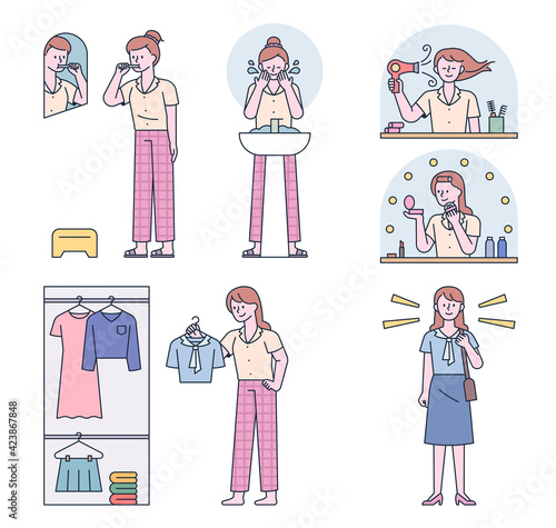 Office Lady's morning routine. flat design style minimal vector illustration.