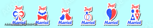 set of just married cartoon icon design template with various models. vector illustration isolated on blue background