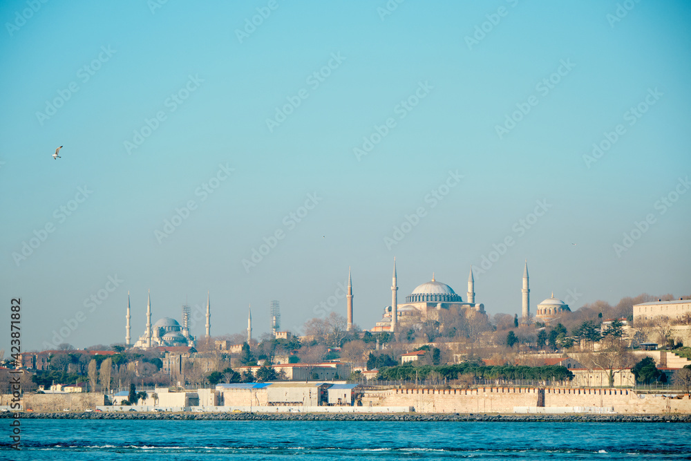 Turkey istanbul 03.03.2021. hagia sophia and topkapi palace view from bosphorus istanbul during sunny day and early in morning. 