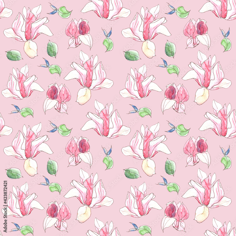 Seamless pattern with watercolor spring magnolia flowers on pink background Seamless pattern with watercolor spring magnolia flowers on pink background