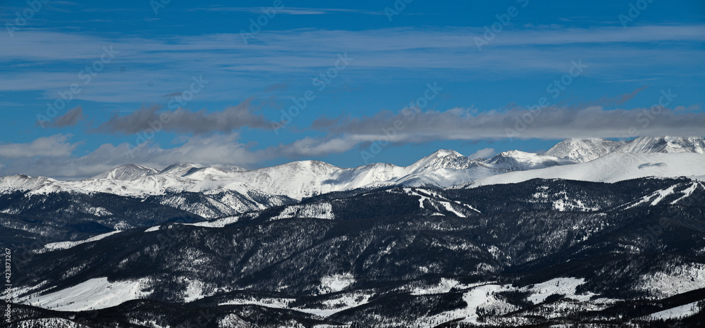 Breckenridge ski resort in winter time with snow in the Colorado Rocky Mountains.