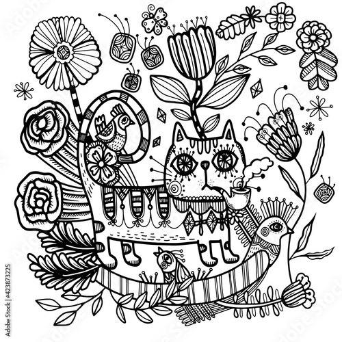 Vector illustration zentangl. A cat  smoking surrounded by flowers and birds. photo