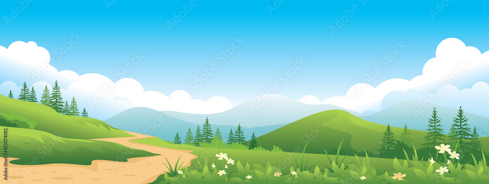 Wide Horizontal Panorama of countryside, Summer landscape with road, mountains, meadows, and fields.