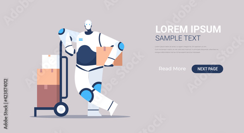 modern robot courier with cardboard parcels delivery service artificial intelligence concept