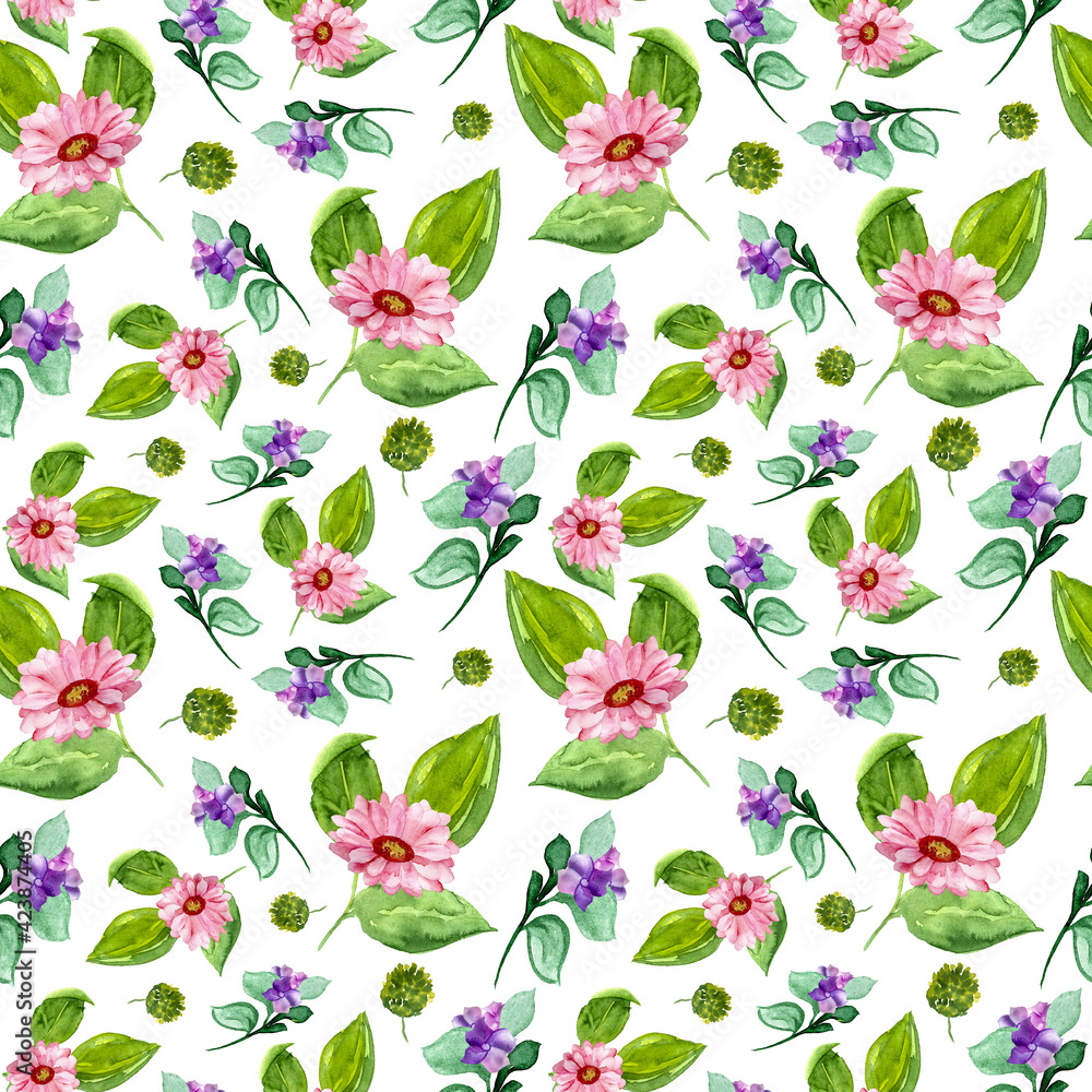 Floral pattern with watercolor pink lotus flowers or gerberas, with green leaves and small purple inflorescences. White background with flowers. Elements are drawn by hand, print for textiles, paper.