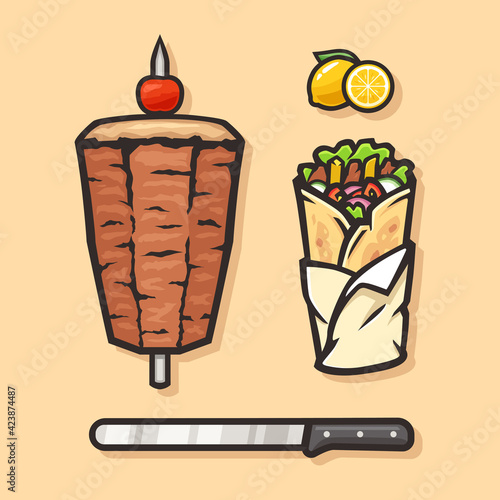 Vector set of doner kebabs with tomato, lime and knife.  Cuisine vector image.