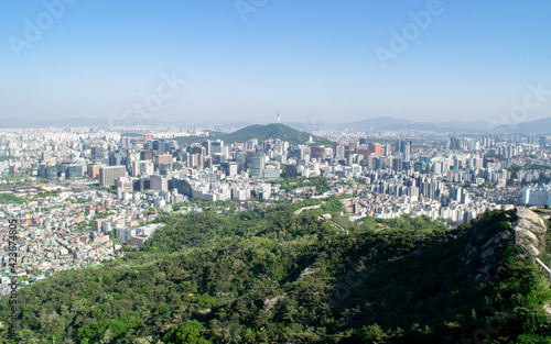 Skyline of Seoul from Forested Mountain Viewpoint - Seoul, South Korea