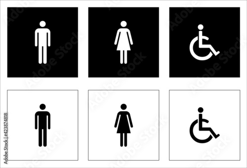 male and female symbols. restroom signage. gender icon. toilet pictogram. disabled icon.