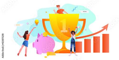 successful businesspeople with golden trophy cup investment earning finance success concept horizontal