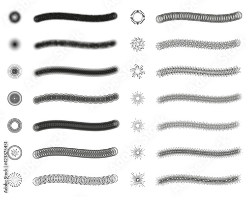 Set of 14 fixed and random scatter brushes + symbols (sprayer) in caterpillar effect, halftone, barbed wire. Created using AI CS6.