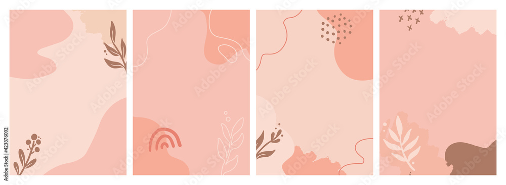 Set of social media, instagram post, story template with abstract, floral, plant shape. Sketch style illustration for beauty background, poster template. Pastel color in brown tones.