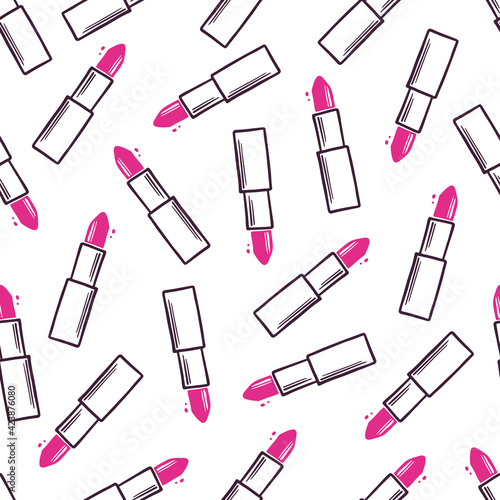 Hand drawn seamless pattern of makeup lipstick elements. Doodle sketch style. Lipstick element drawn by digital pen. Vector illustration for wallpaper, background, textile.