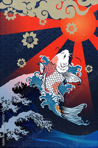 Abstract Art Flying KOI Carp Fish Flying From Torrential Wave with Water Splash Surrounded and Red Gradient Sun with Radiant, Gold Sakura Icon on Water Wave Pattern Template Design for Wrapping Paper