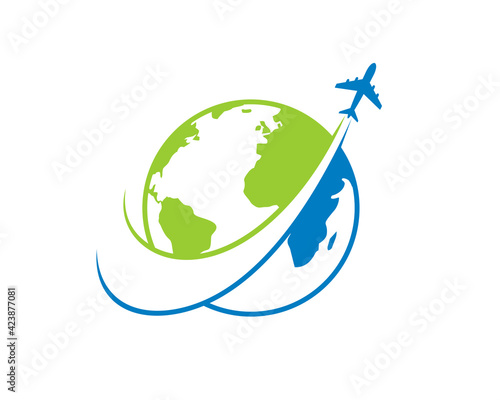 Flight airplane on the globe logo