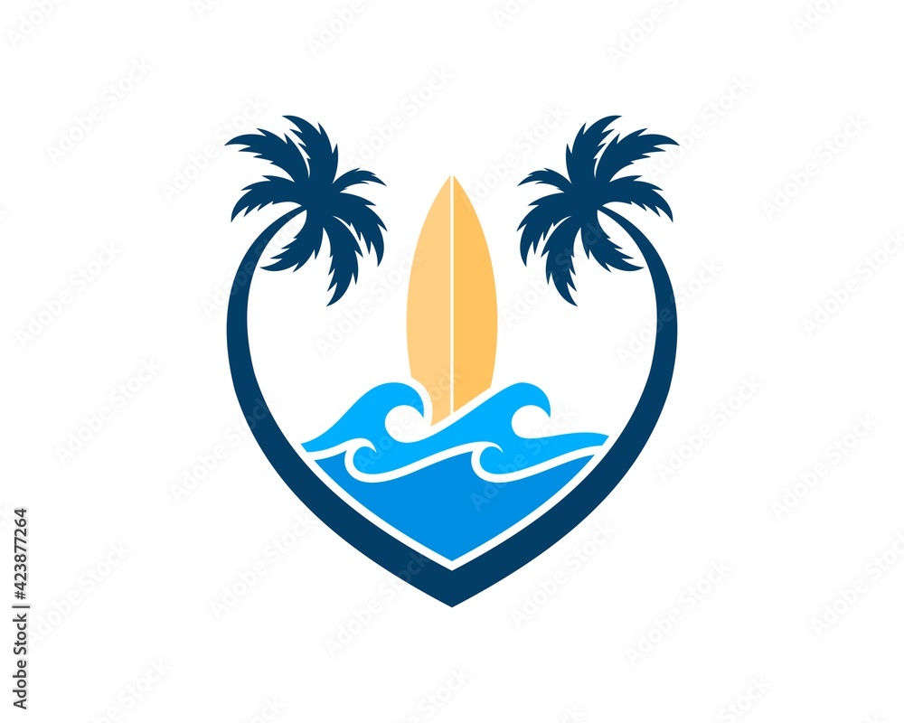Love palm tree with beach wave and surf board