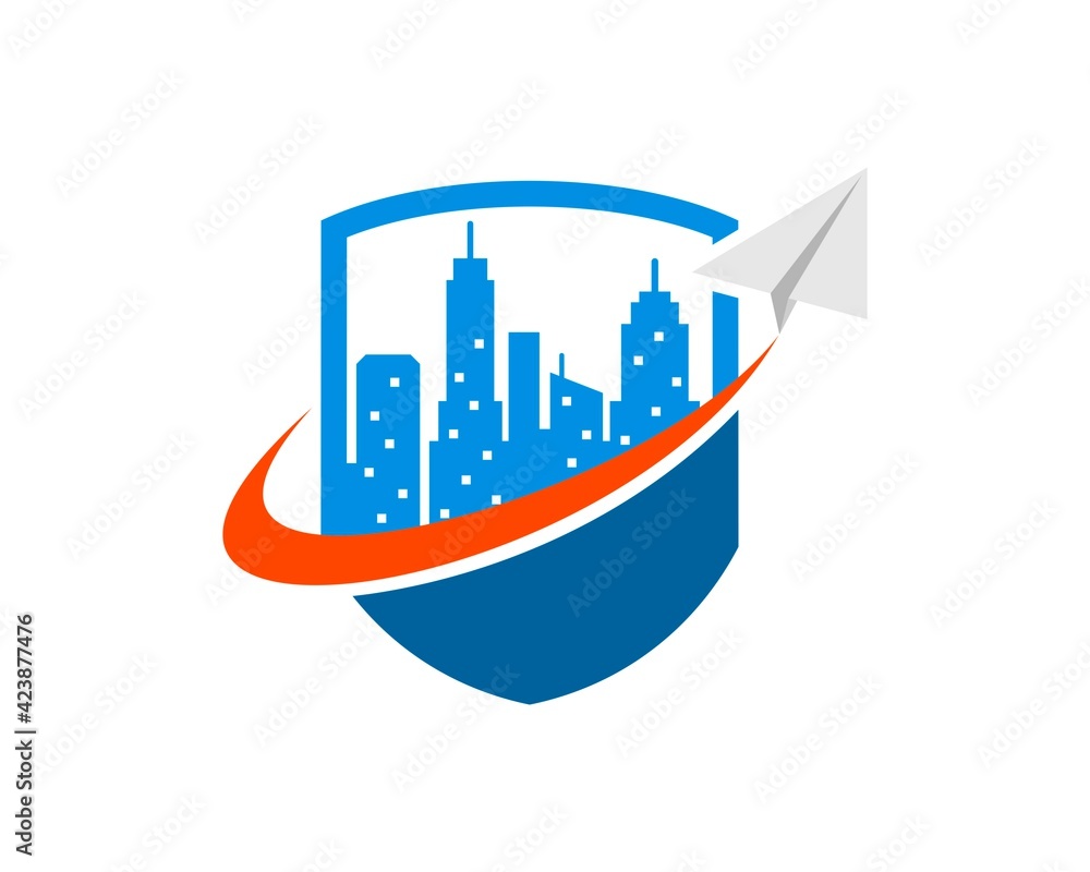 Simple shield with city building and flying paper plane Simple shield with city building and flying paper plane
