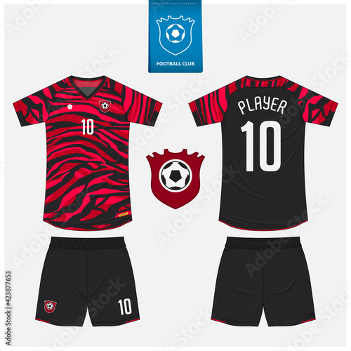 Red soccer jersey or football kit mockup template design for sport club. Soccer logo in flat design. Vector.