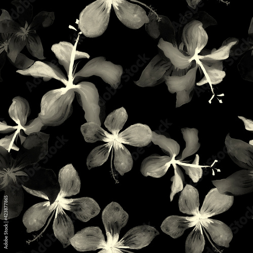 Black Tropical Leaves. White Seamless Leaf. Pattern Design. Flower Texture. Wallpaper Texture. Drawing Illustration. Spring Art. Watercolor Botanical.