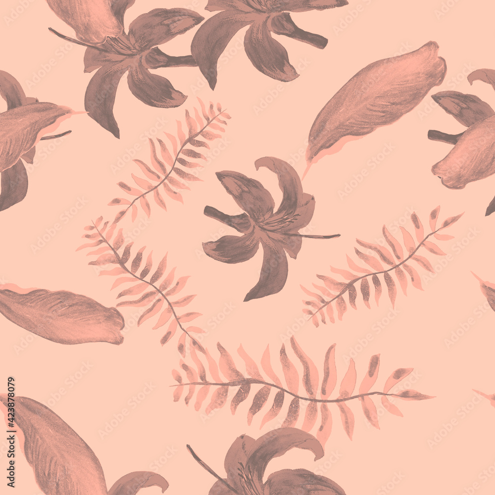 Fototapeta premium Pink Tropical Background. Coral Seamless Illustration. Gray Pattern Nature. Decoration Textile. Drawing Palm. Floral Foliage. Flower Illustration. Wallpaper Background.