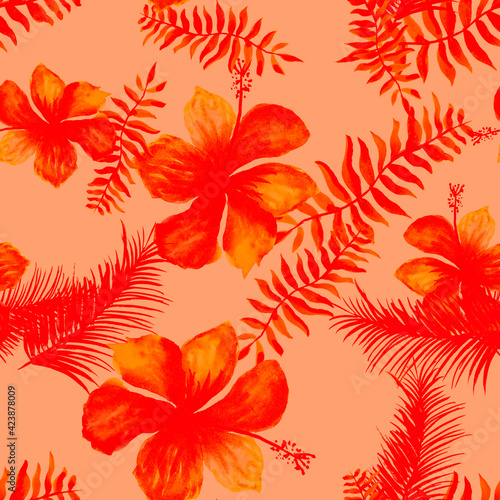 Scarlet Tropical Leaves. Ruby Seamless Illustration. yellow Pattern Background. CoralSpring Leaves. Red Flower Illustration. Pink Drawing Vintage. Decoration Botanical.