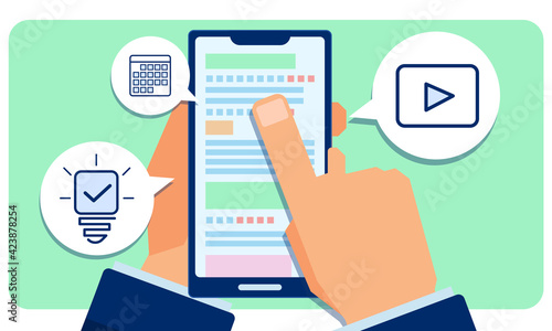 スマートフォンを持っている手と操作する指/スクリーンからポップアップするアイコン/モーショングラフィックスで使いやすい