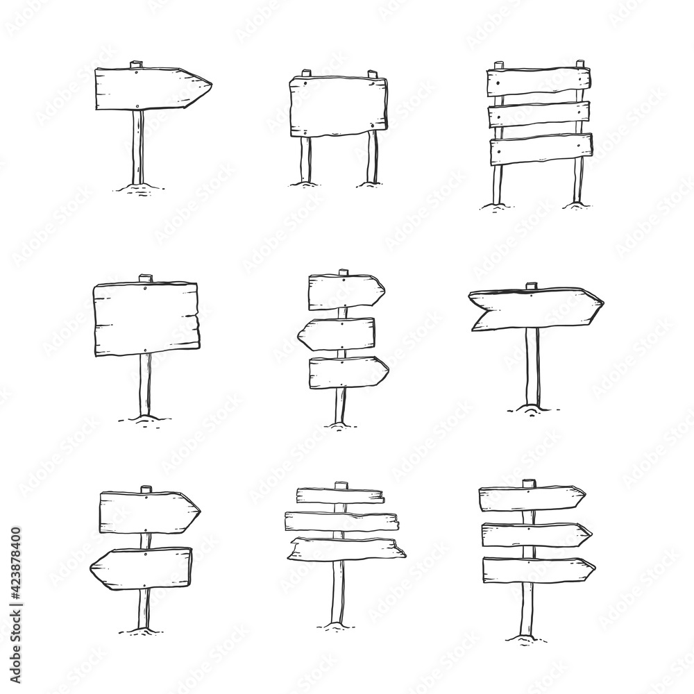 Hand drawn illustration of doodle wood road signs and arrows Hand drawn illustration of doodle wood road signs and arrows