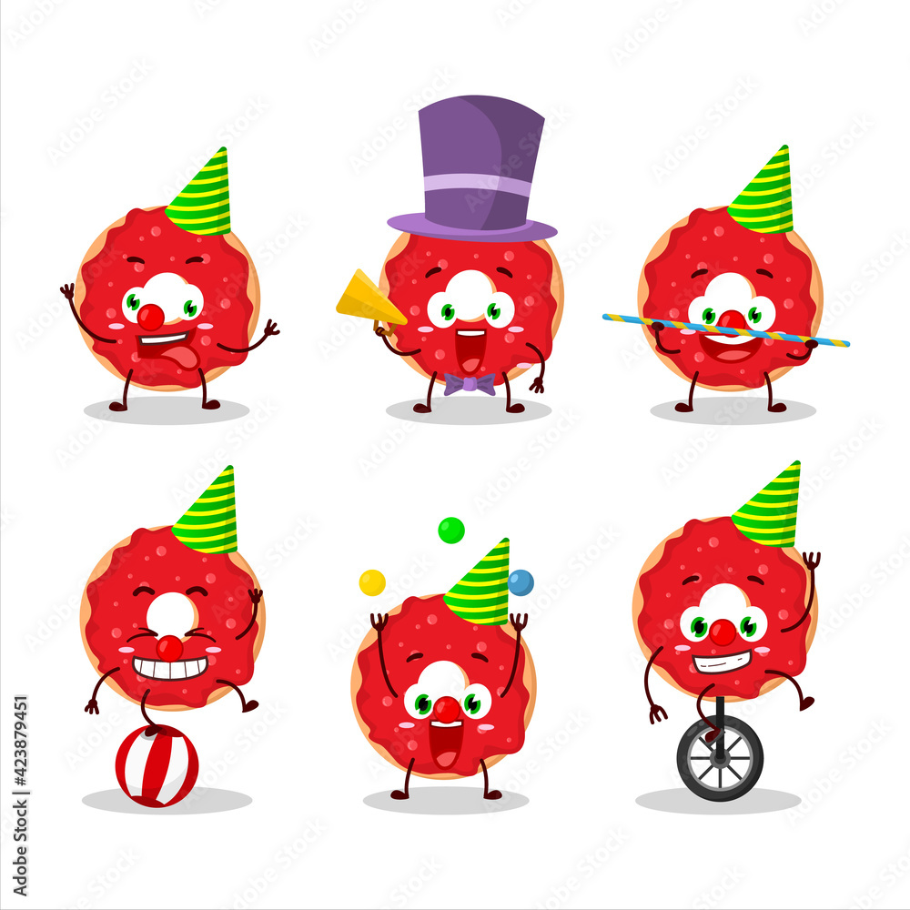Cartoon character of raspberry donut with various circus shows