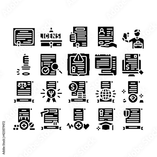 License Certificate Glyph Set Vector. Pharmaceutical And Medical License, International Legal Activity And Psychological Diploma Glyph Pictograms Black Illustrations