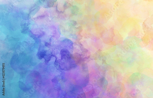 Colorful watercolor background of abstract blotches of painted colors of blue green purple orange pink and yellow, bright color splash background in creative design