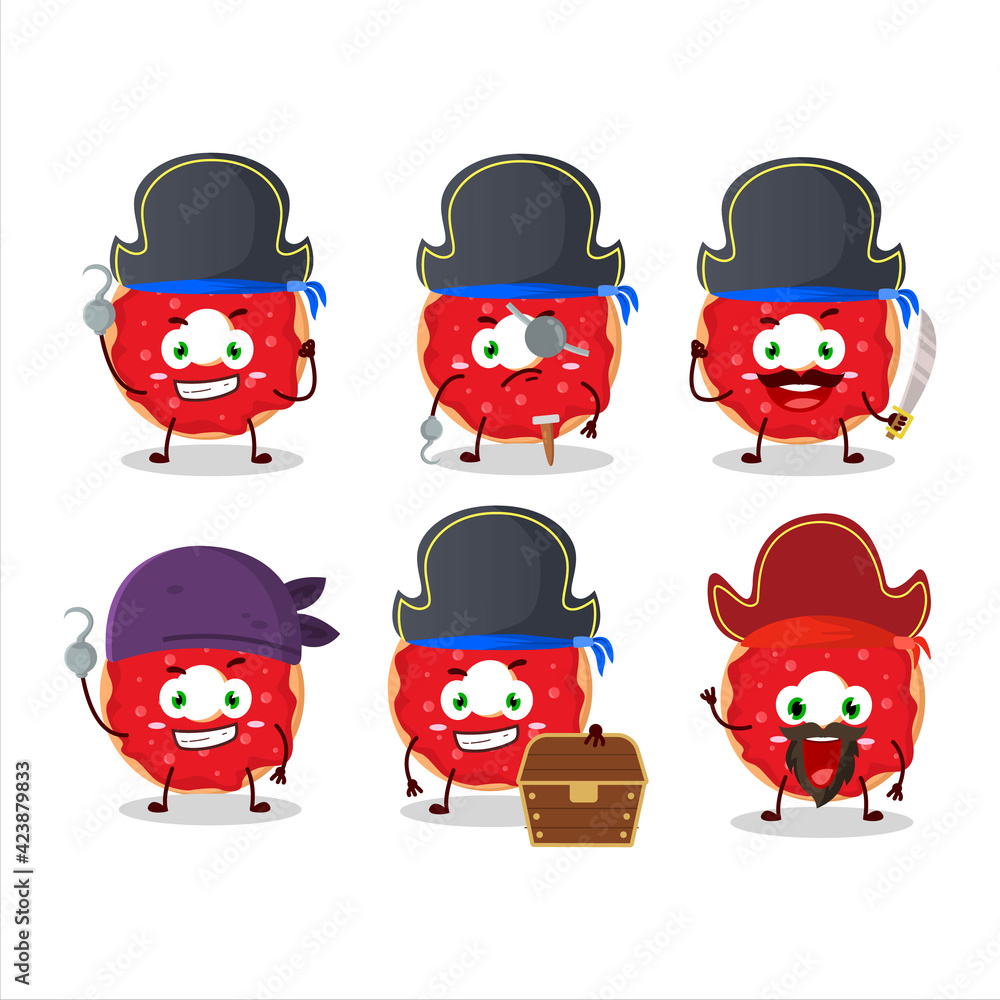 Cartoon character of raspberry donut with various pirates emoticons