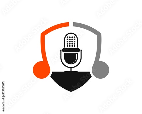 Shield with podcast microphone and music note