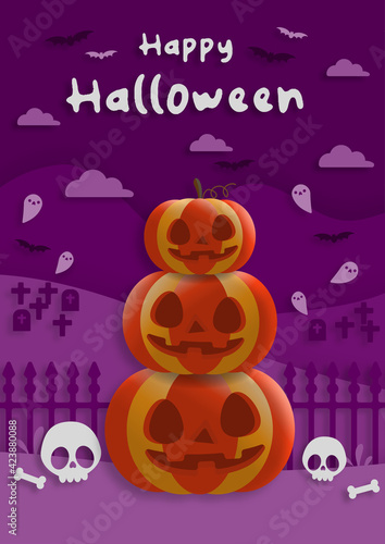 Happy Halloween party in paper art style with pumpkins. greeting card  posters and wallpaper. Vector illustration.