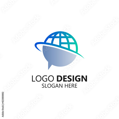 bubble speech with globes and network logo design for technology and communication