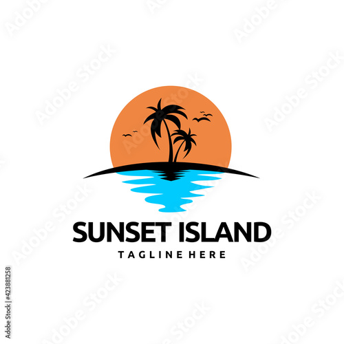 Tropical Island at Sunset and Silhouettes of Coconut or Palm Tree Logo Vector