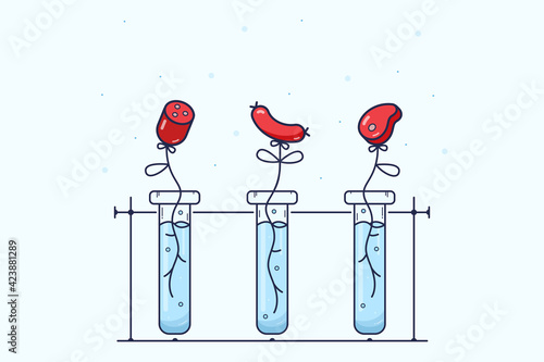 Concept on theme of fake meat grown in laboratory. Three test flask with blue liquid and growing sausage, hot dog and steak. With concern for the environment.
