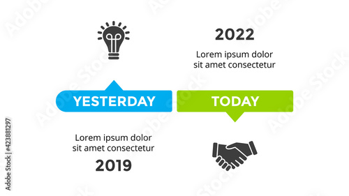 Infographic timeline for 2 steps, options. Presentation slide template. Light bulb and handshake icons.