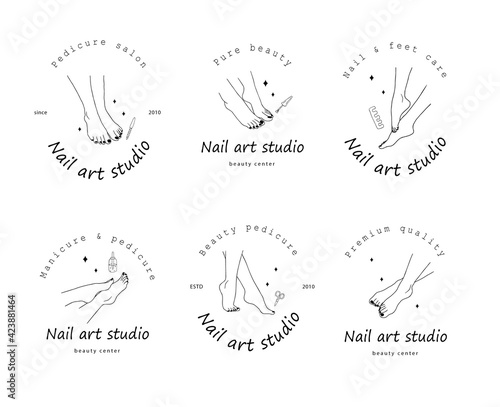 Logo template for pedicure salon. Foot care concept. Modern design for nail art studio, beauty and spa center. Linear vector illustration in a trendy minimalist style.